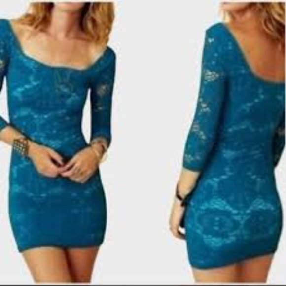 Free People Teal Medallion Lace Body Con Crochet Slip Dress Size M/L - Picture 2 of 8